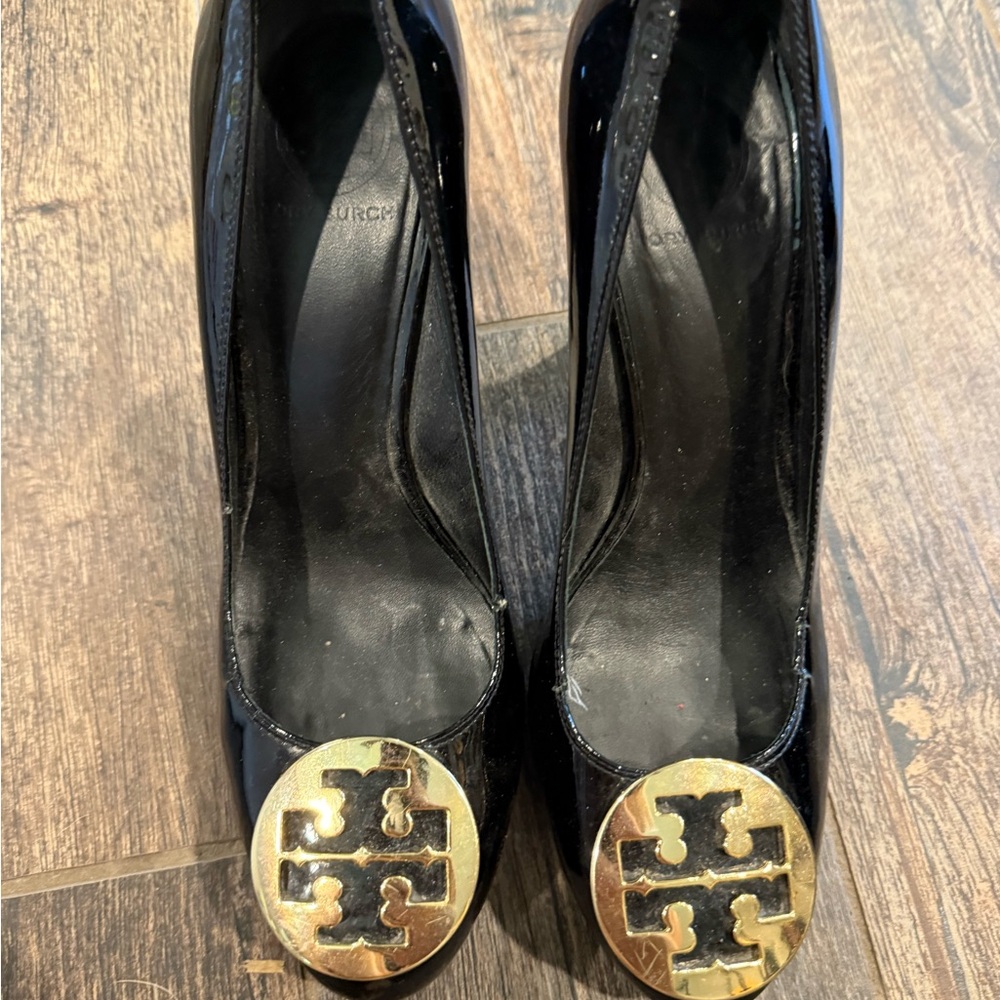 Tory Burch Black Heels with Gold Emblem